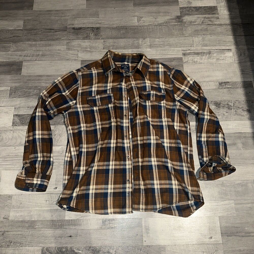 Faded Glory Mens Flannel Shirt Size L (42-44) Brown Blue Plaid Tartan